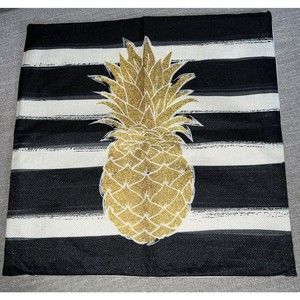 Sofa Pillow Cover Case 17” Zip Closure Gold Pineapple Black White Stripes NWOT